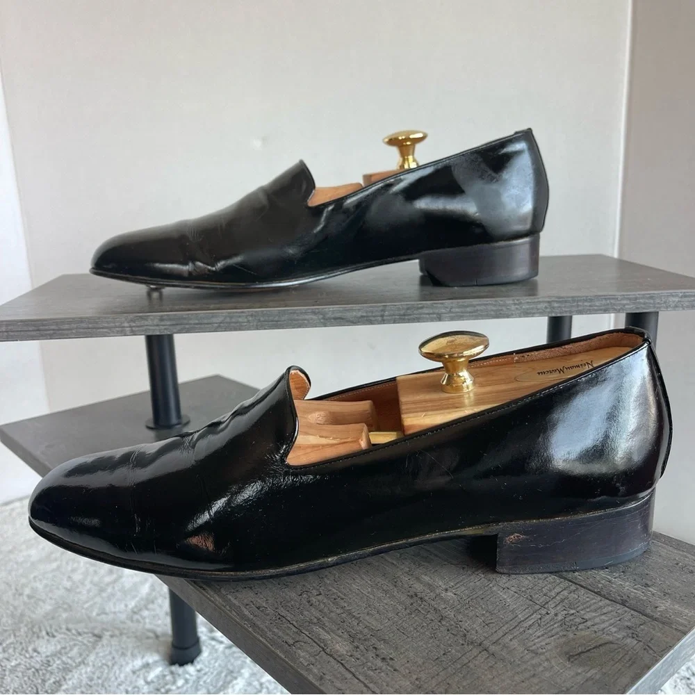 Federico Leone Black Leather Men’s Slip-On Tuxedo Loafers Elegant Shoes Size 9.5